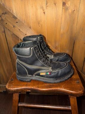Padilla Men's Black Leather Work Boots with white Stitching and Mex flag size 9